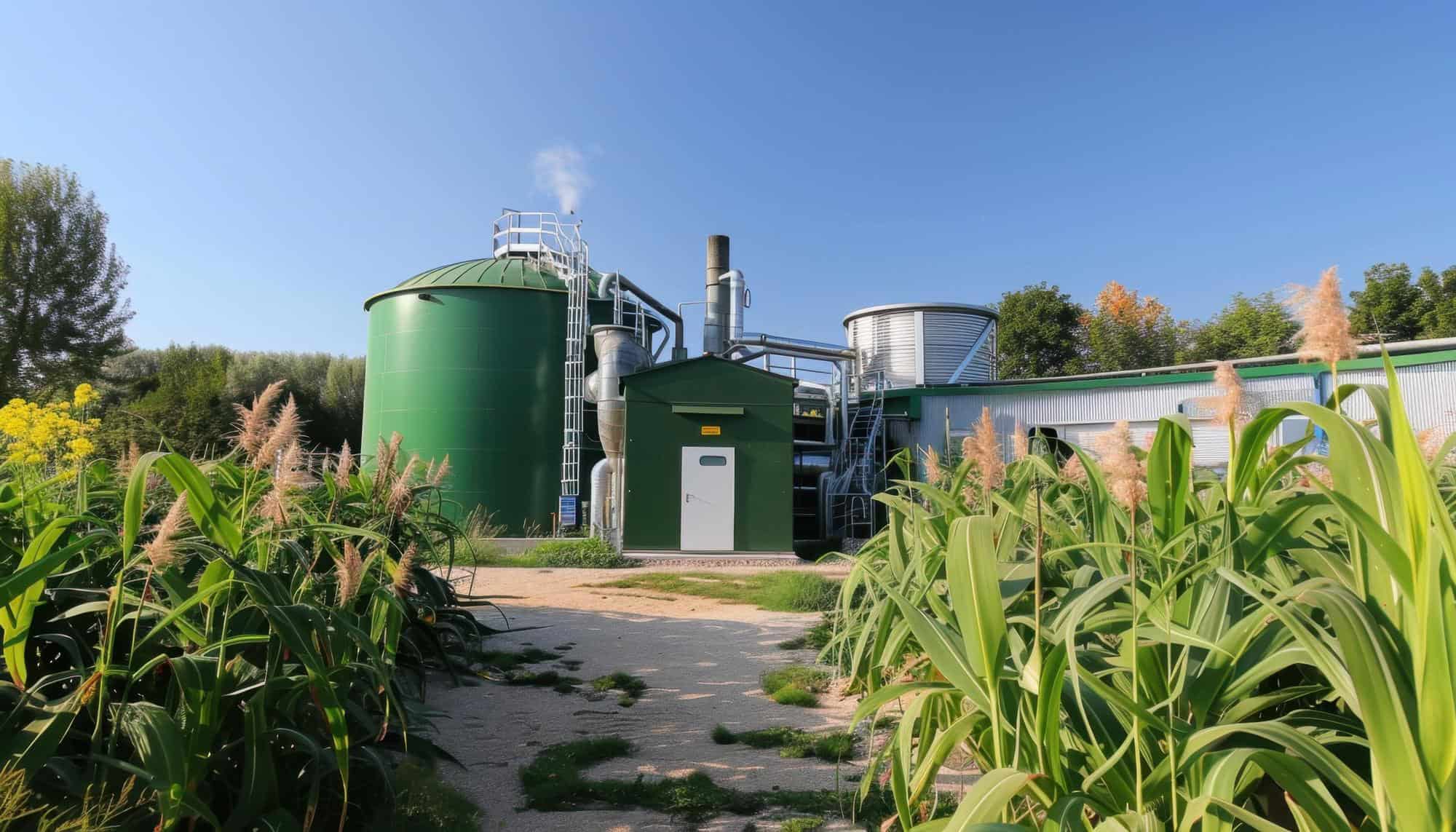 Eine grüne Biogas-Produktionsanlage steht Mitten auf einem Feld.